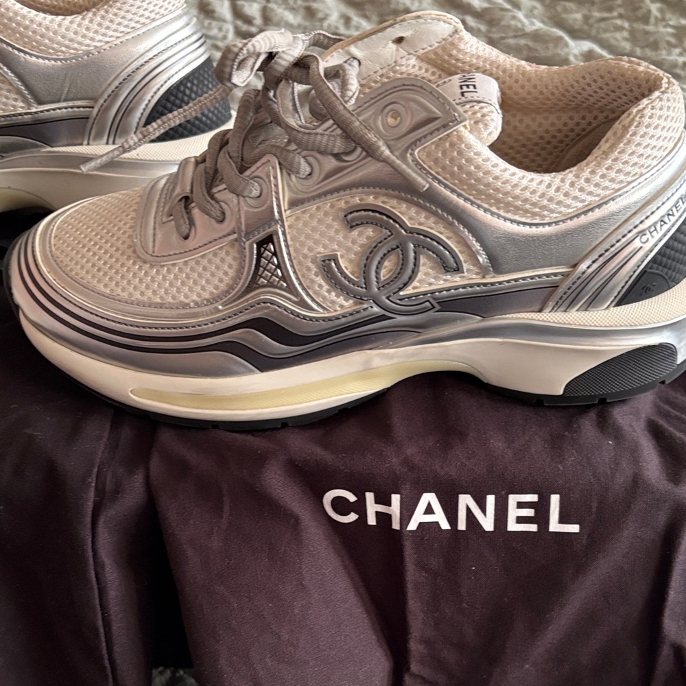CHANEL Metallic Silver and Gray Sneakers - Picture 2 of 11